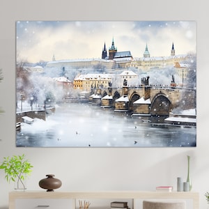 Stampa su tela di Praga invernale, arte murale di Praga, stampa di Praga nebbiosa, arte murale della Repubblica Ceca