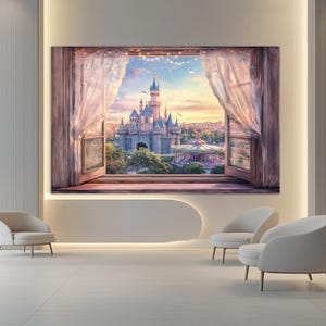 May include: A large framed canvas print depicts a view of a fairytale castle through an open window with sheer curtains. The castle is gray with blue turrets, set against a sunset sky. A carousel is visible in the distance.