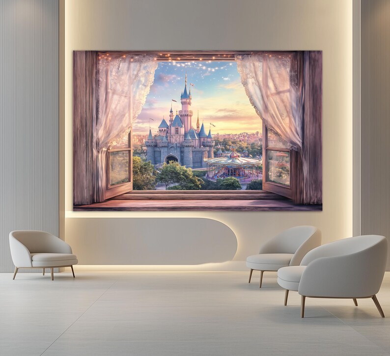 May include: A large framed canvas print depicts a view of a fairytale castle through an open window with sheer curtains. The castle is gray with blue turrets, set against a sunset sky. A carousel is visible in the distance.