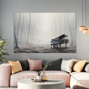 Dipinto a olio di pianoforte a coda d&#39;epoca nella foresta nebbiosa STAMPATO su tela, decorazione murale per pianoforte, regalo per pianista, arredamento per piano bar