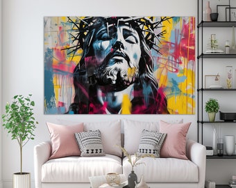 Impresión en lienzo de grafiti de Jesucristo, pintura abstracta de Jesús, arte mural religioso, pintura cristiana, decoración mural religiosa moderna