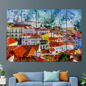May include: A watercolor painting of a cityscape with colorful buildings and red tile roofs. The painting is divided into five sections, each showing a different part of the city. The city is painted in a vibrant style, with splashes of color and a sense of movement.
