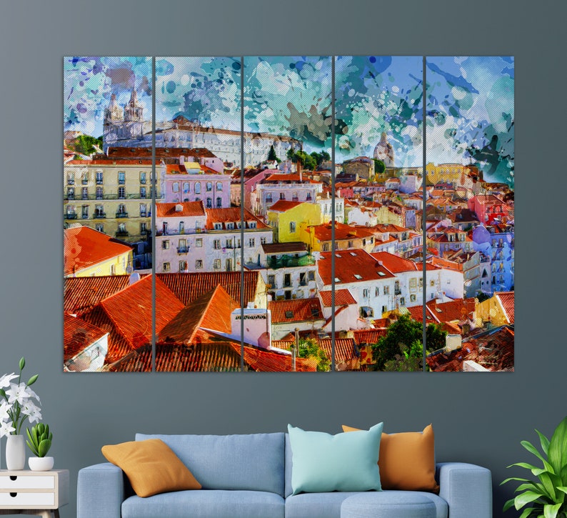 May include: A watercolor painting of a cityscape with colorful buildings and red tile roofs. The painting is divided into five sections, each showing a different part of the city. The city is painted in a vibrant style, with splashes of color and a sense of movement.