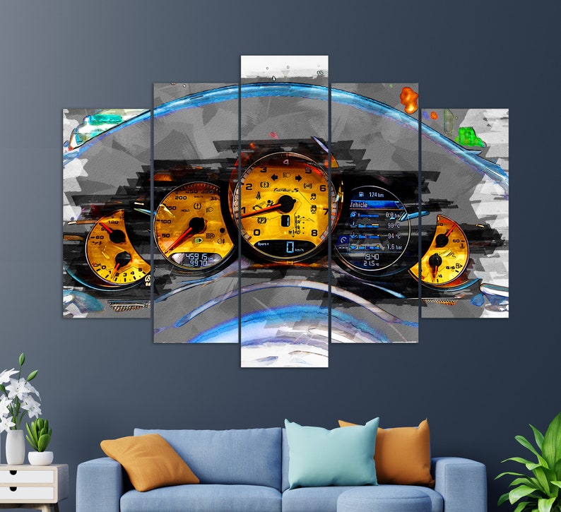 May include: A five-piece canvas print set featuring a close-up of a car's dashboard with yellow and black gauges. The gauges are set against a gray and blue background with a watercolor effect.