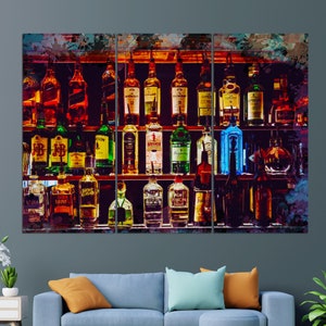 May include: A colourful, abstract painting of a liquor store shelf with various bottles of alcohol. The bottles are arranged in rows on the shelf, and the painting is done in a style that suggests a watercolour or acrylic painting.