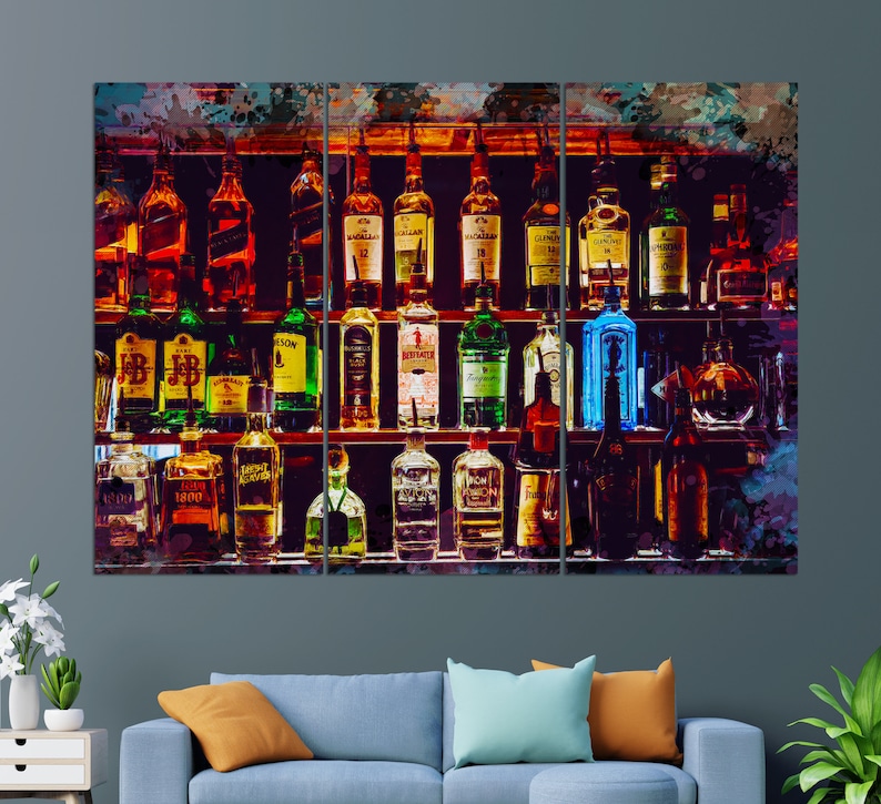 May include: A colourful, abstract painting of a liquor store shelf with various bottles of alcohol. The bottles are arranged in rows on the shelf, and the painting is done in a style that suggests a watercolour or acrylic painting.
