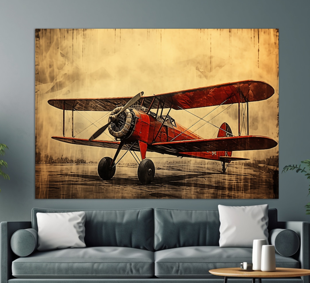 Vintage Biplane Canvas Print, Retro Airplane Painting, Aircraft Wall