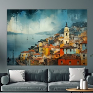 Impressão em tela Misty Salvador, pintura de Salvador, horizonte de Salvador, arte de parede do Brasil