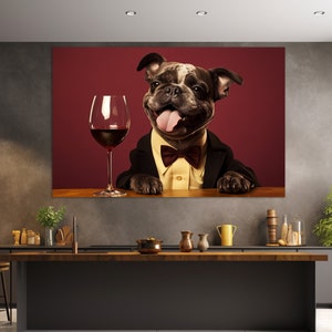 Hund mit Glas Wein Leinwand Druck, Wein Wand Kunst, Lustige Küche Wand Dekor