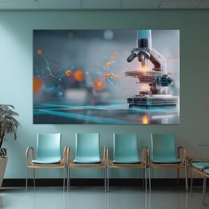 May include: A large canvas print of a microscope with a blurred background of scientific imagery. The microscope is in sharp focus, with a detailed design. The image is displayed above a row of teal chairs in a waiting room.