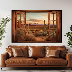 Fenster zur malerischen Arizona-Wüste Leinwanddruck, offene Fenster Wandkunst, Sonoran-Wüste Leinwandkunst