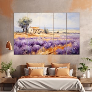 May include: A multi-panel painting depicting a quaint house with a lavender field in the foreground. The house is painted in a light brown colour with a white trim. The lavender field is a vibrant purple colour and extends to the horizon. The sky is a light blue colour with white clouds.
