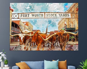 Fort Worth Stockyards Canvas Print, Abstract Fort Worth Painting, Fort Worth Wall Art