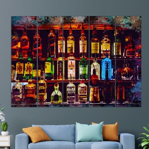 May include: A colourful watercolour painting of a liquor store shelf with various bottles of alcohol. The shelf is filled with different brands and types of spirits, including whisky, gin, vodka, and rum. The bottles are arranged in rows and columns, and the painting is full of vibrant colours and textures.