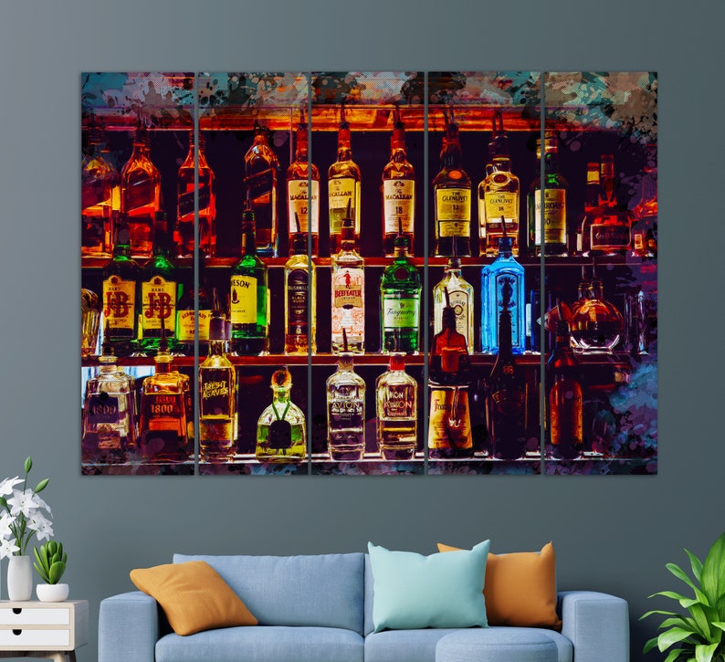 May include: A colourful watercolour painting of a liquor store shelf with various bottles of alcohol. The shelf is filled with different brands and types of spirits, including whisky, gin, vodka, and rum. The bottles are arranged in rows and columns, and the painting is full of vibrant colours and textures.