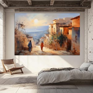 May include: A watercolor painting depicting a street scene in a small town. Two figures walk down a cobblestone street lined with buildings. The sky is a soft blue with a bright sun shining in the distance. The buildings are painted in warm tones of yellow, orange, and brown.