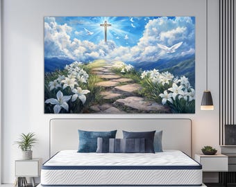 Impressão em tela religiosa, arte religiosa de parede, pintura da cruz sagrada no céu, arte bíblica de parede, decoração religiosa de parede