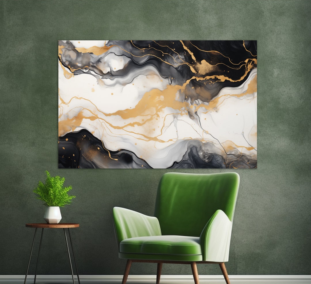 Abstract Black and Gold Marble Painting Canvas PRINT, Marble Wall Art ...