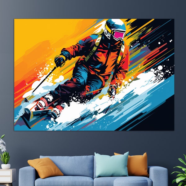 Abstrakte Skifahrer Pop Art Stil Leinwand Druck, Skifahren Wandkunst, Skifahrer Malerei, Skifahrer Geschenk