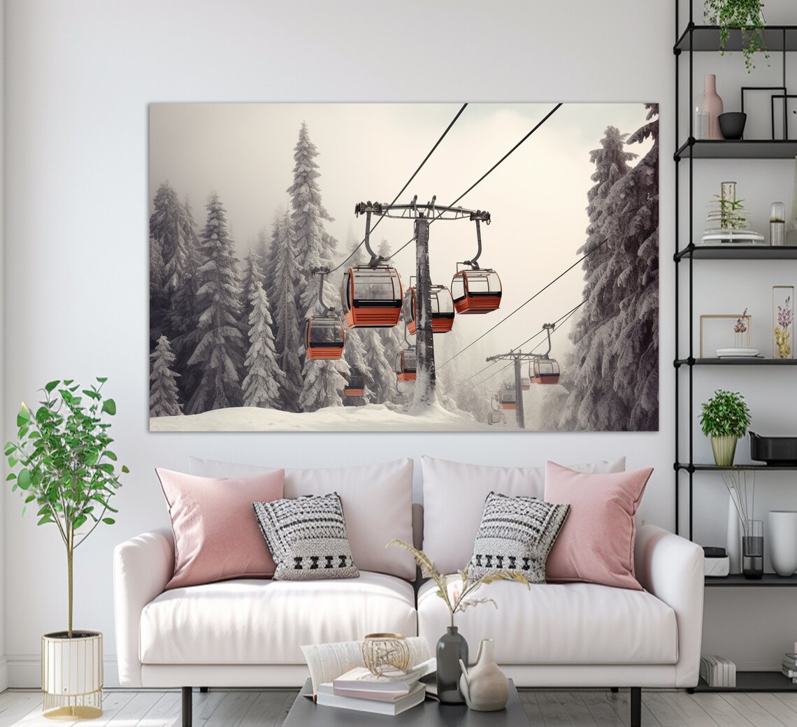 Ski Lift Canvas Print, Winter Painting, Abstract Ski Wall Art, Ski Lift ...