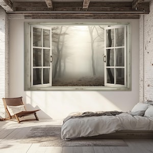 Window to Misty Forest Canvas Print, Forest Wall Art, Faux Window Painting, Open Window Print, Modern Canvas Art