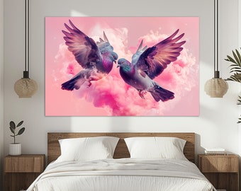 Lovebirds Leinwanddruck, romantische Wandkunst, verliebte Tauben, Lovebirds Wandkunst, Schlafzimmer-Wanddeko, romantische Vögel Poster
