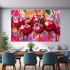 Abstract Cherry Painting Canvas Print, Kitchen Wall Decor, Fruits Wall Art, Cocktail Bar Decor, Cherry Poster, Kitchen Wall Art