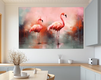 Abstract Pink Flamingo Painting, Flamingo Canvas Print, Flamingo Wall Art, Bird Canvas Print, Wild Nature Paintings, Flamingo Poster