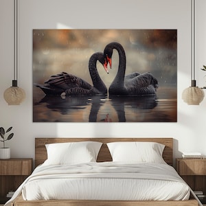 Schwäne Leinwanddruck, Liebe Wandkunst, Schwäne in Liebe Malerei, Jubiläumsgeschenk, Romantisches Geschenk, Schwäne Paar Poster, gerahmt und fertig zum Aufhängen,