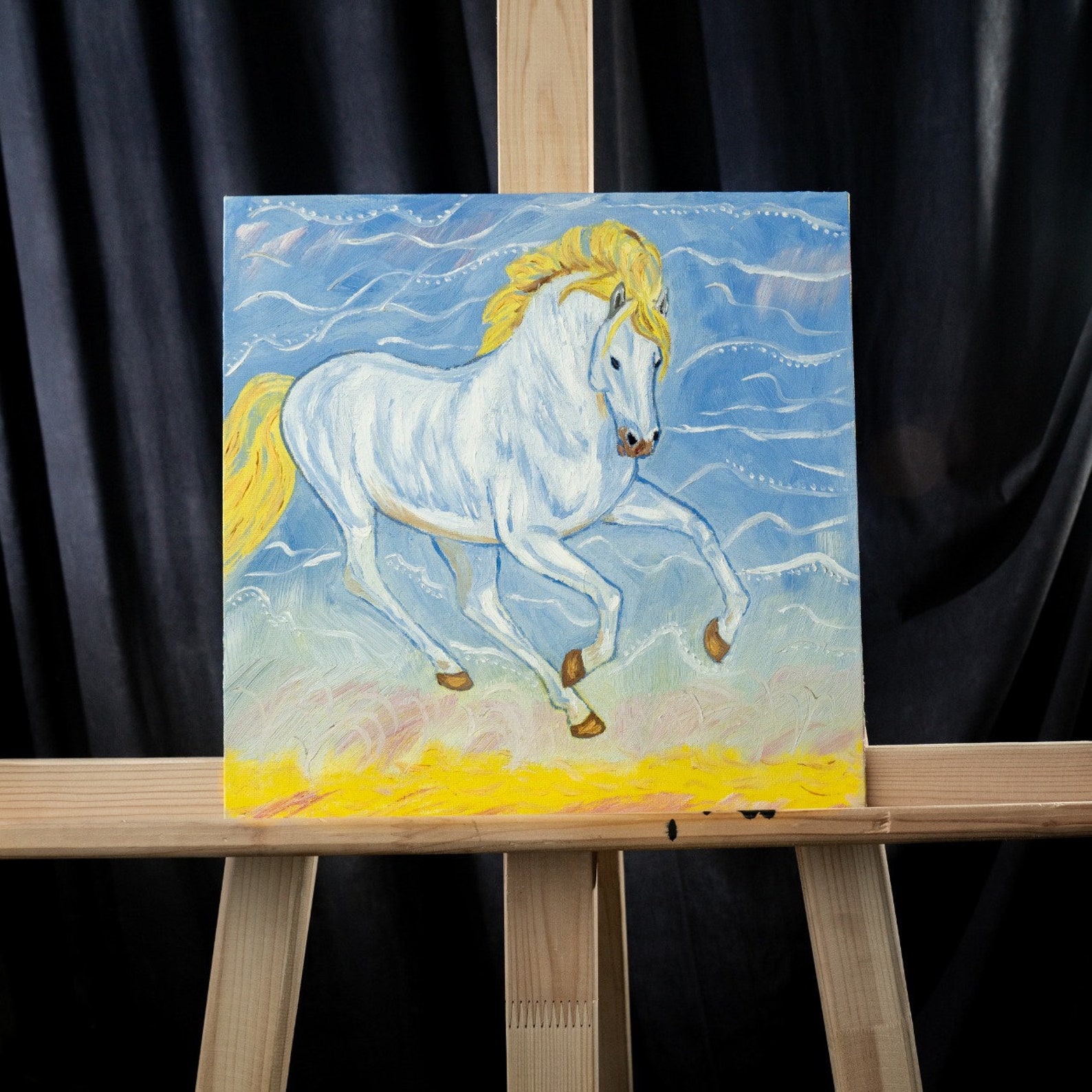 Oil Painting White Horse With Golden Mane. Oil on Canvas Etsy