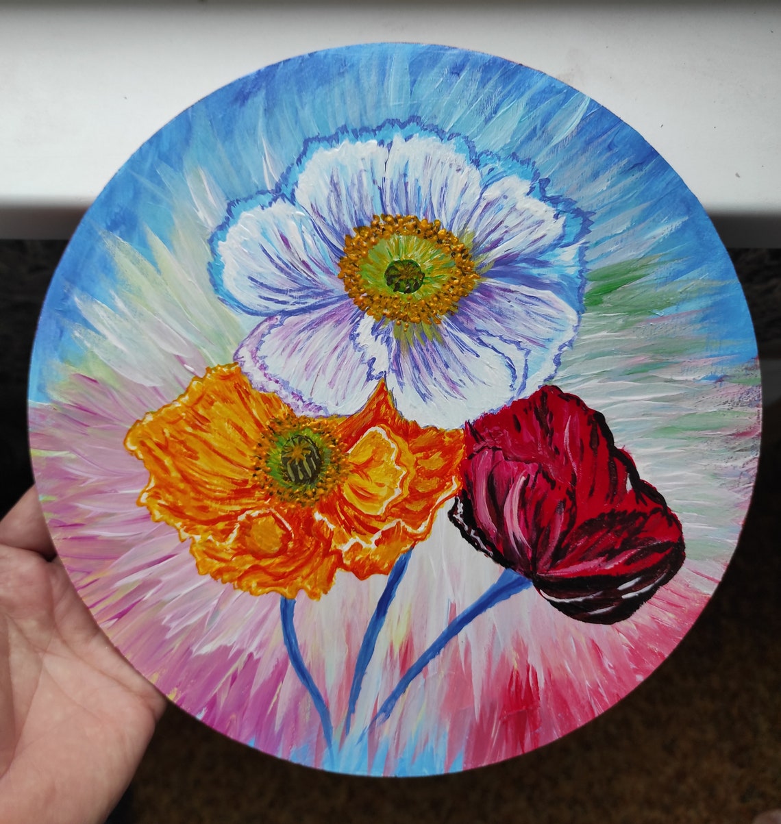 Round painting Flowers art original oil acrylic painting Etsy