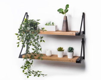 Wall shelf, wooden wall board, hanging shelf 60x18x20cm set of 2 made of solid pine and sturdy iron brackets
