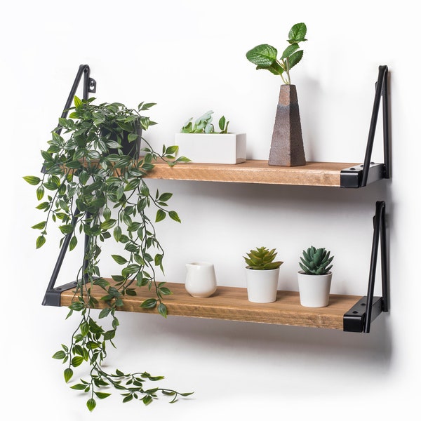 Wall shelf, wall board wood, hanging shelf 60x18x20cm set of 2 made of solid pine and sturdy iron brackets