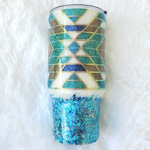 Southwest Inspired Geometric Design Glitter Tumbler with Straw. Gift for Woman