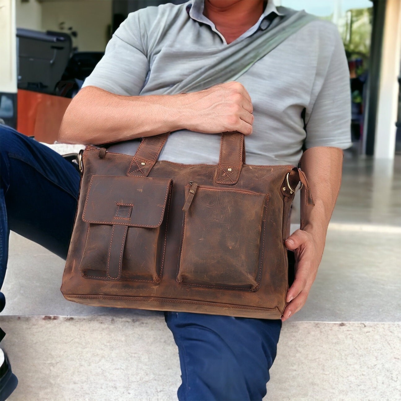 Retro Vintage Brown Leather Laptop Bag Cowhide Leather Etsy