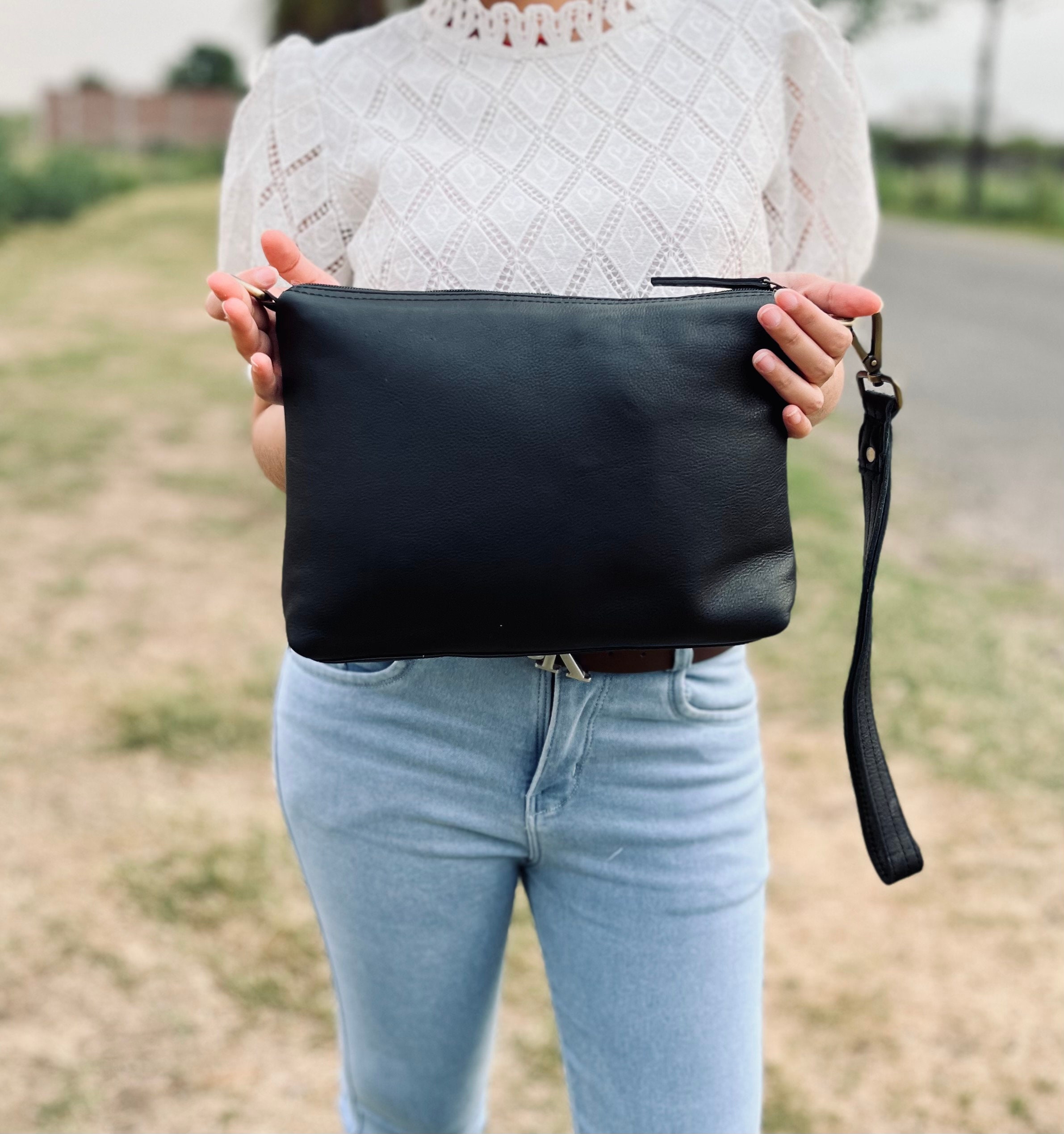 Small Black Leather Crossbody Bag Medium Size Light Black 