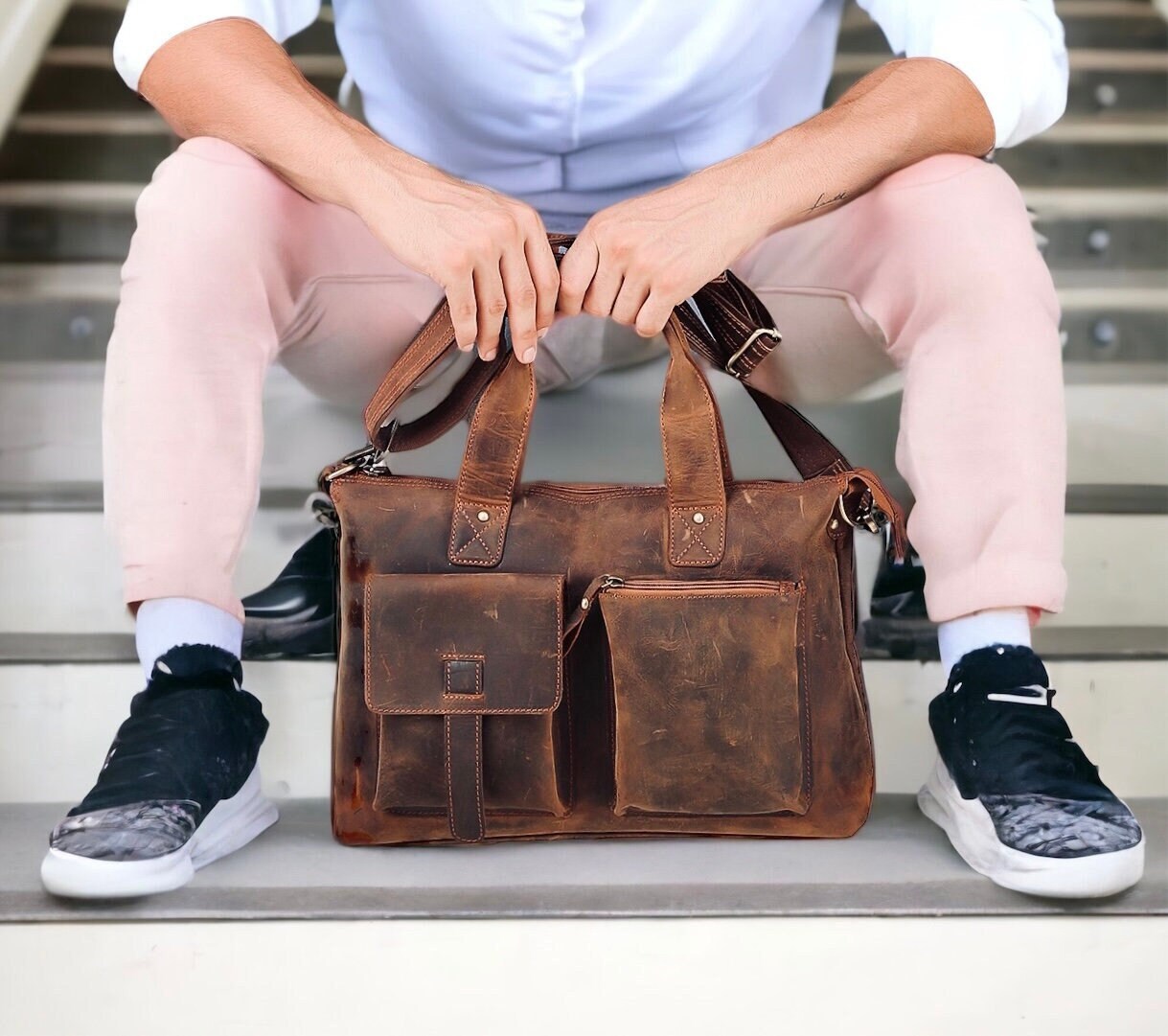 Retro Vintage Brown Leather Laptop Bag Cowhide Leather Etsy
