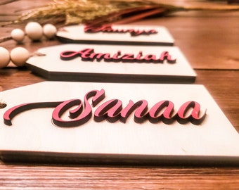 Wood Stocking Tags | Wood Gift Tags | Personalized Name Tag | Stocking Tags with Beads | Christmas Stockings | 3D | Laser Cut Gift Tags