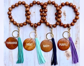 Wooden Beaded Bracelet Keychain|Personalized Wooden Bracelet|Wooden Bangle Keychain with Suede Tassel for Women|Beaded Wristlet Keychain