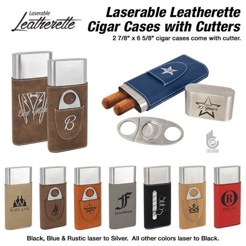 May include: A set of 10 laserable leatherette cigar cases with cutters. The cases are 2 7/8 inches by 6 5/8 inches and come in a variety of colors and designs. The cases are made of leatherette and have a silver metal cutter. The cases are perfect for storing and carrying cigars.
