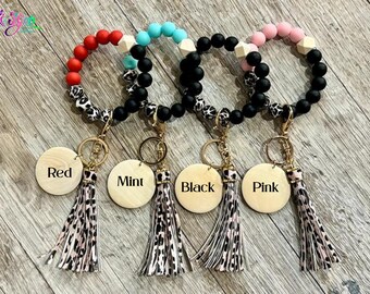 Silicone Leopard Wristlet|Personalized Beaded Keychain|Bangle Keychain with Faux Leather Tassel For Women|Wooden Engraved Round