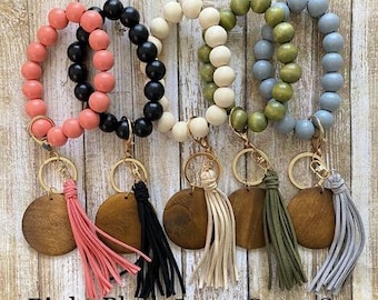 Wooden Beaded Bracelet Keychain|Personalized Wooden Bracelet|Wooden Bangle Keychain with Suede Tassel for Women|Beaded Wristlet Keychain