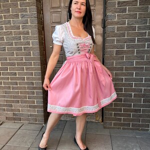 May include: A dirndl dress featuring a light gray bodice with a delicate floral pattern, short white puff sleeves, and a solid pink skirt with a matching floral border. The bodice includes a pink lace-up front closure and a pink apron tied at the waist.