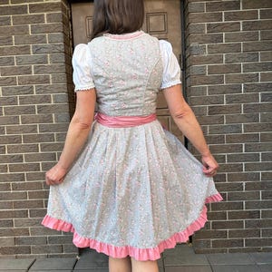 May include: A grey dirndl dress featuring a small pink floral pattern, a white blouse with short puffed sleeves, a pink waist sash, and a pink ruffled hem. The bodice has a fitted design with a lace trim along the neckline, and the skirt is pleated.