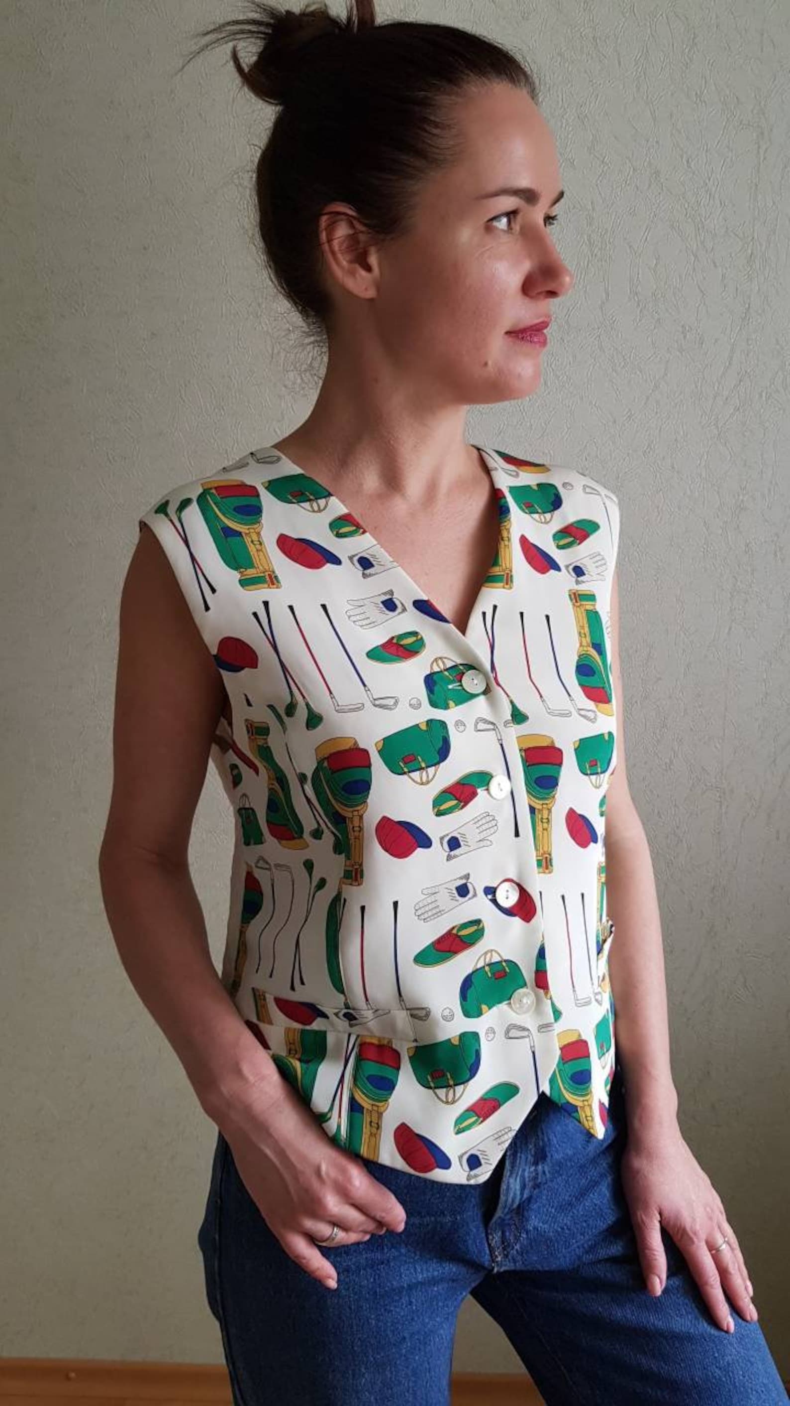 Vintage Women Vest Multicolor Vest Golf Print Etsy