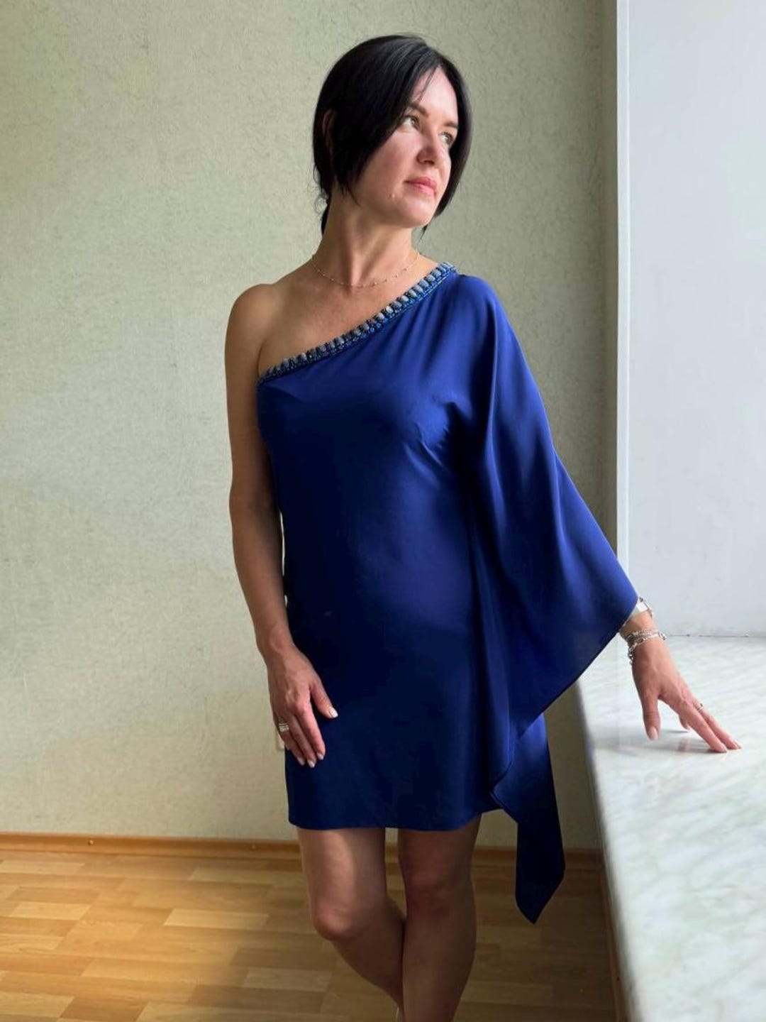 Roberto Cavalli Royal Blue One Shoulder Mini Dress, Authentic