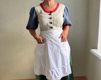 ヴィンテージの白いエプロン、半分綿のエプロン、刺繍入りのエプロン