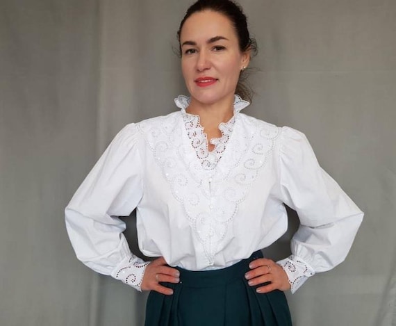 Vintage cotton Blouse, White Blouse, Puff sleeve