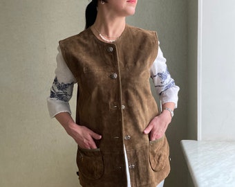Leather vest, Vintage vest,  Austrian genuine suede vest, brown women vest, leather Western biker vest, rock festival vest