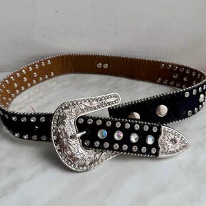 Vintage  leather belt,  Western Rhinestone Fashion Belt , leather belt with silver buckle, Studded leather belt, belt with Rhinestones